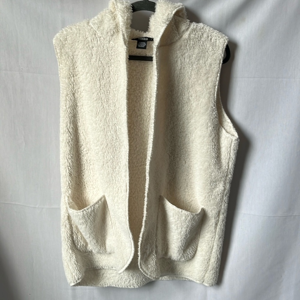 Toska Hooded Sherpa Vest Cream Fuzzy Oversized Open Front